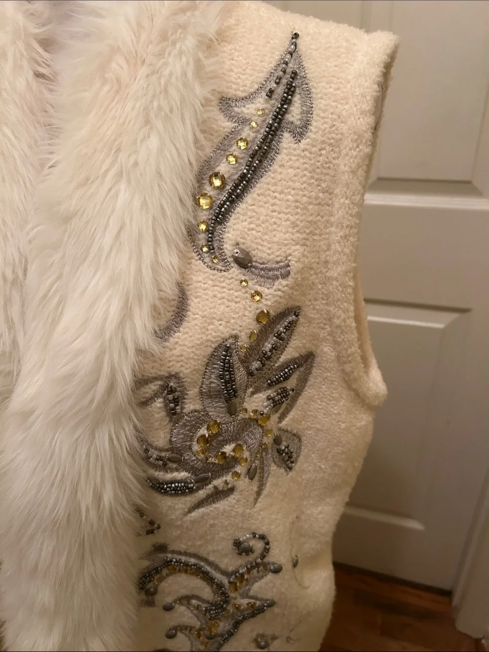Chico's Ivory Faux Fur Trim Embellished Vest - Picture 3 of 5